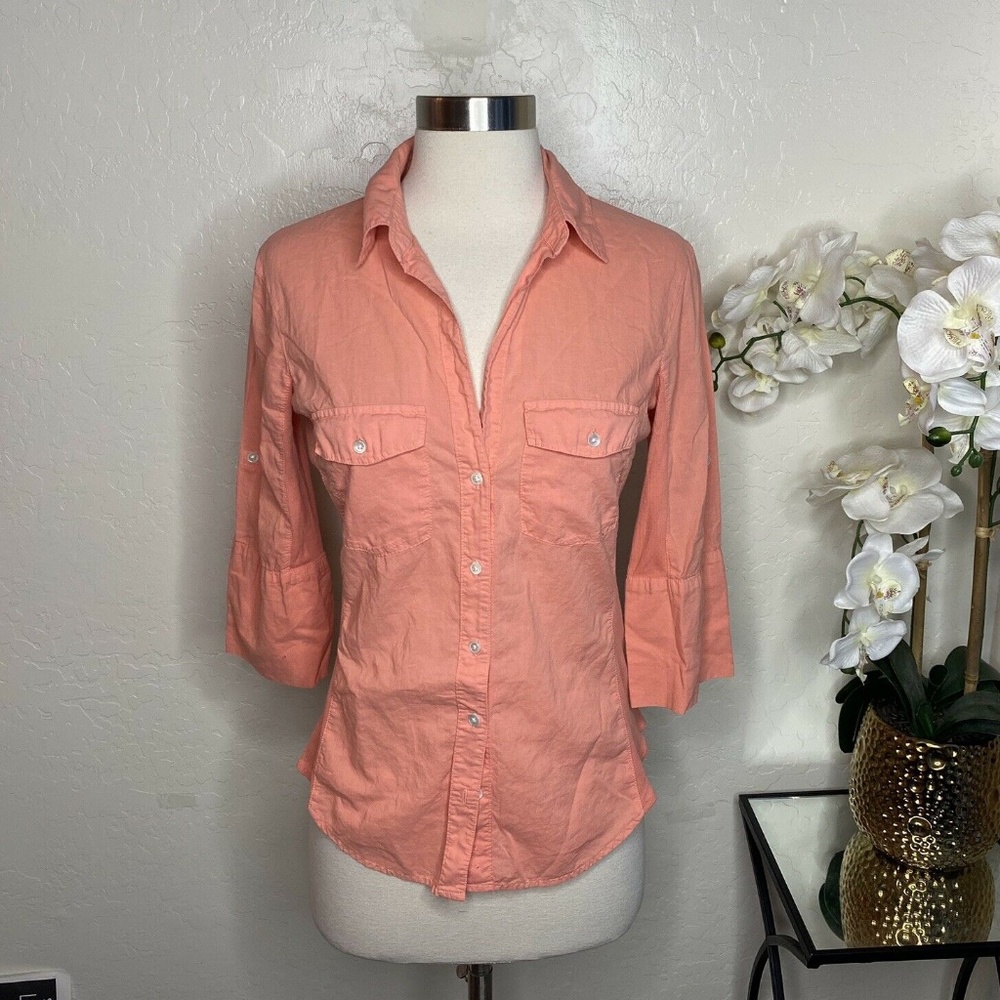 James Perse Button Down Shirt Pink Roll Tab Sleeve